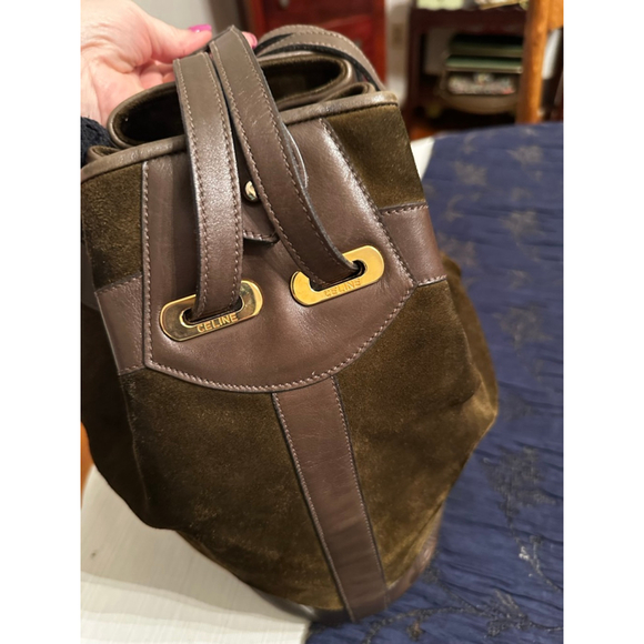 Celine Green-Brown Suede & Brown Leather Triomphe Bucket Shoulder Bag - Picture 10 of 16